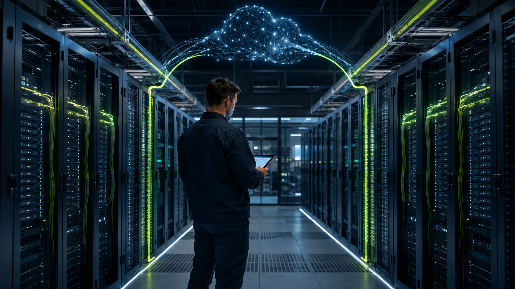Especialista revisando una arquitectura redundante de nube y centro de datos