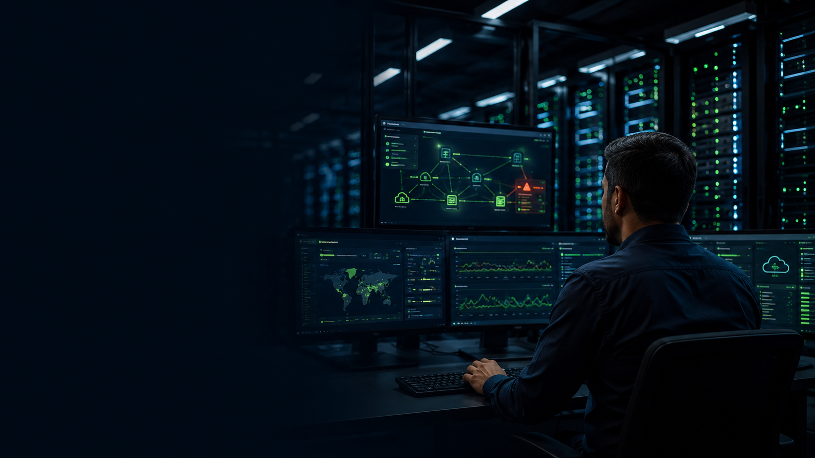 Especialista monitoreando la disponibilidad de sistemas en un centro de datos