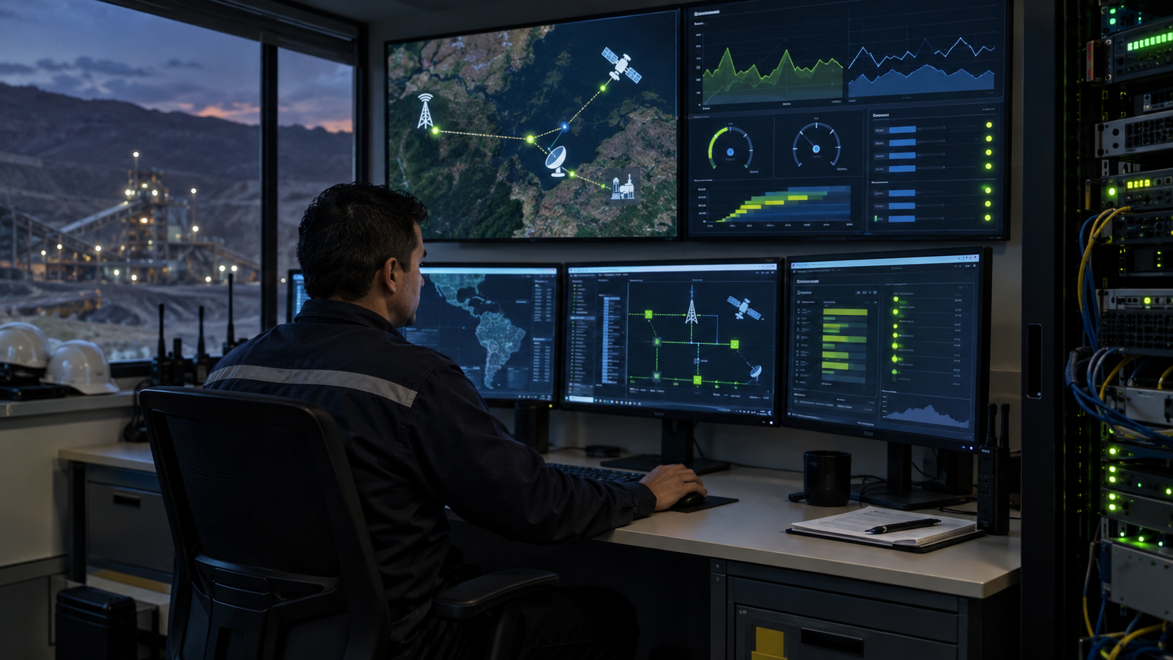Control center supervising an industrial operation located in a remote area