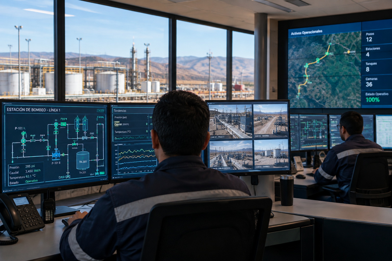 Centro de control monitoreando activos industriales y operaciones remotas